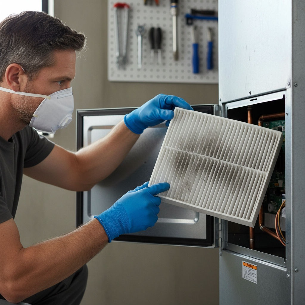 Homeowner inspecting and replacing a furnace air filter to clear a burning dust smell.