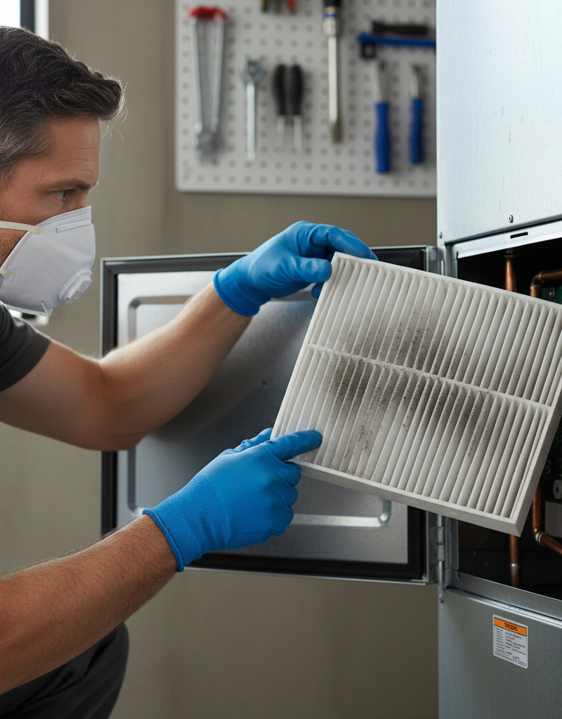 Homeowner inspecting and replacing a furnace air filter to clear a burning dust smell.