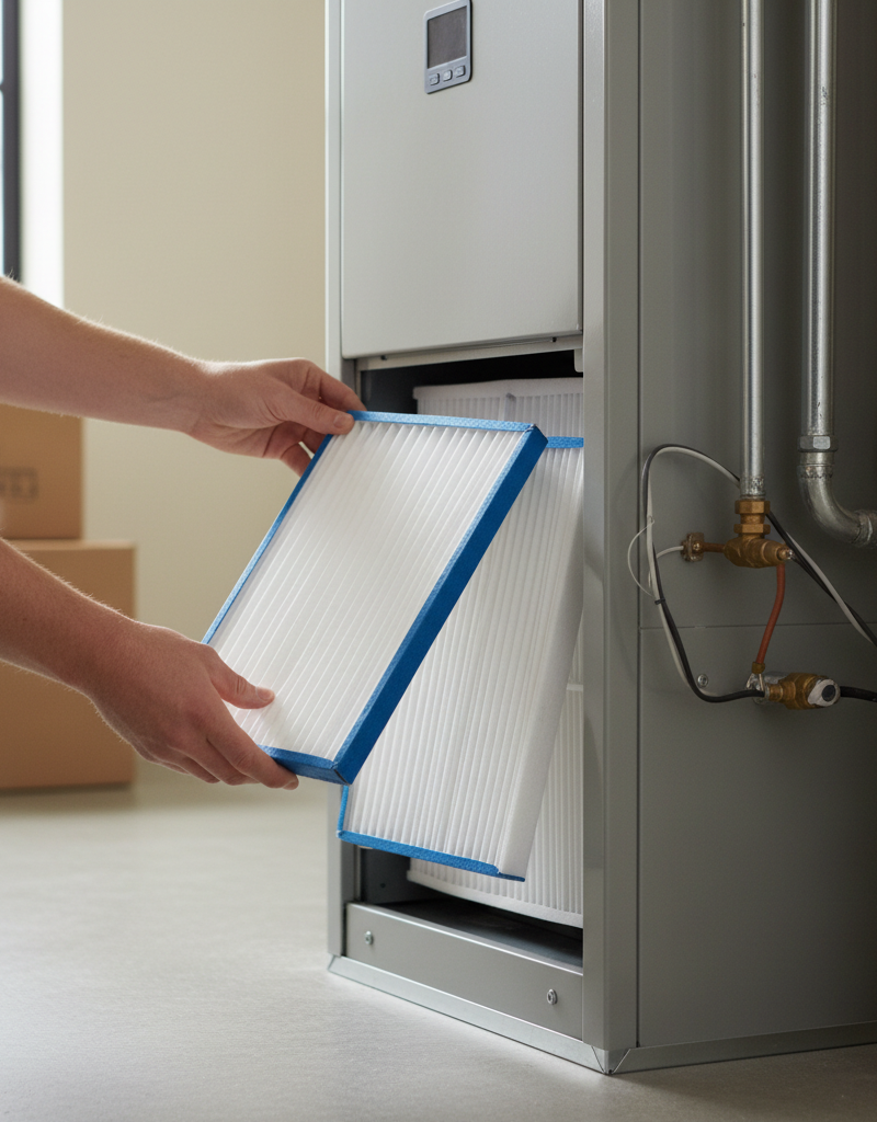 Homeowner installing a clean, pleated air filter into a modern furnace to prevent burning smells