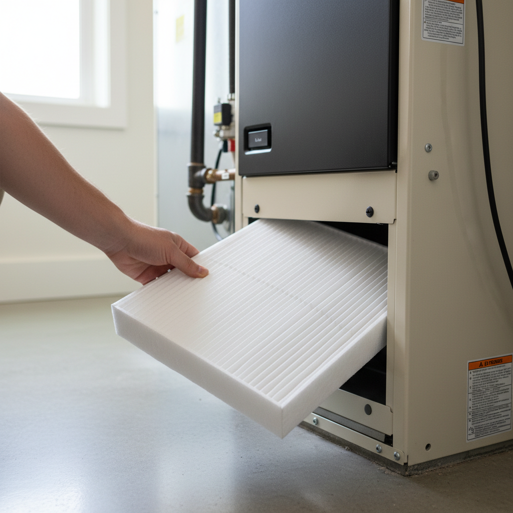 Homeowner's hand inserting a new, clean pleated air filter into a furnace slot, part of a furnace is visible in the background.