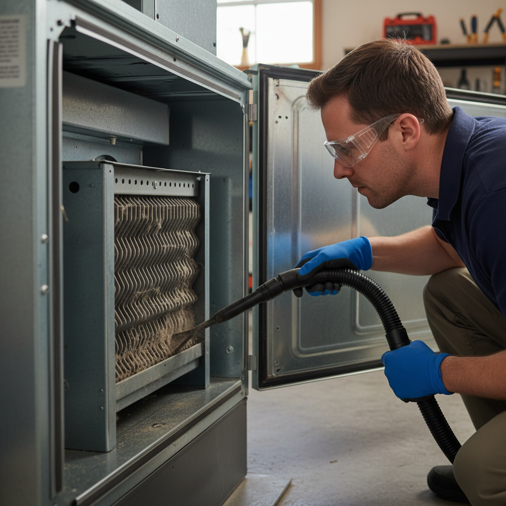 Homeowner cleaning dust from inside a furnace near the heat exchanger with a vacuum cleaner hose.