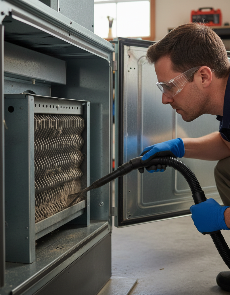 Homeowner cleaning dust from inside a furnace near the heat exchanger with a vacuum cleaner hose.
