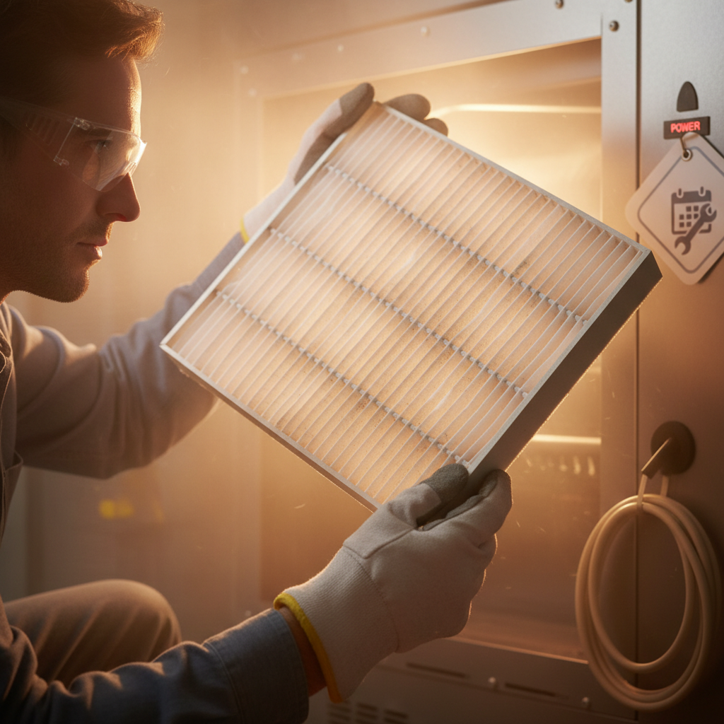 Homeowner inspecting a dusty furnace air filter, with a warm glow from the furnace in the background.