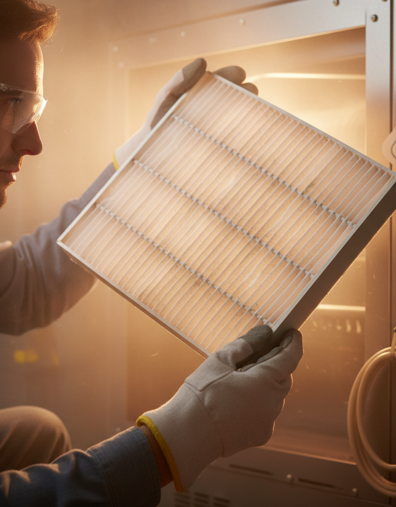 Homeowner inspecting a dusty furnace air filter, with a warm glow from the furnace in the background.
