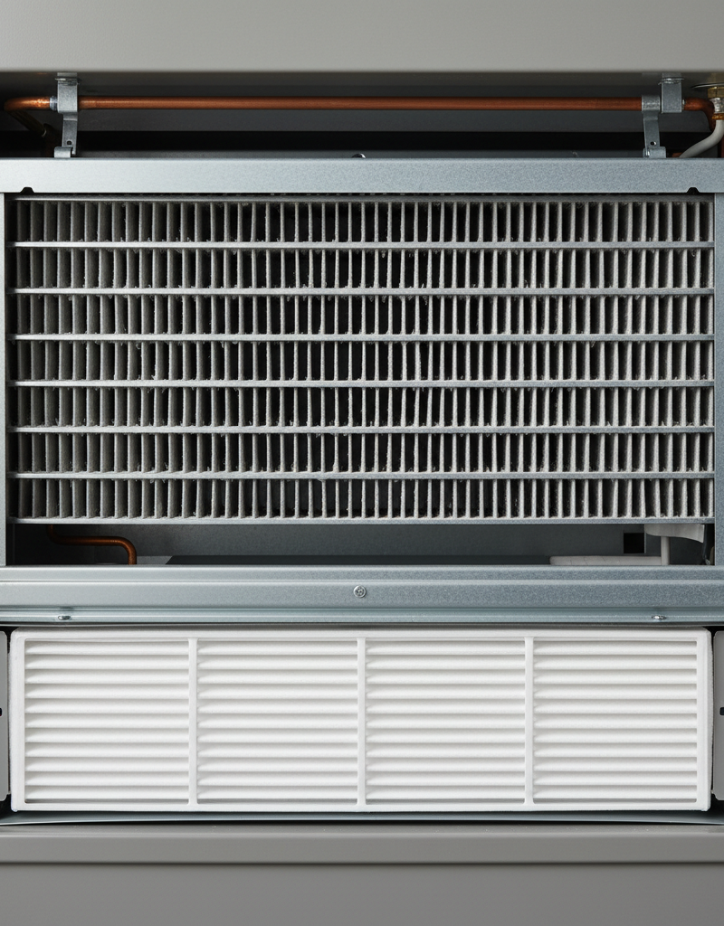 Visible dust on a furnace heat exchanger, with a clean air filter, illustrating the cause of a burning dust smell.