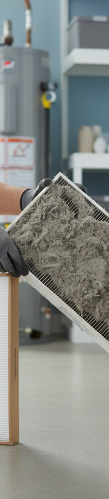 Homeowner inspecting a dirty furnace air filter, a common cause of burning smells from vents.