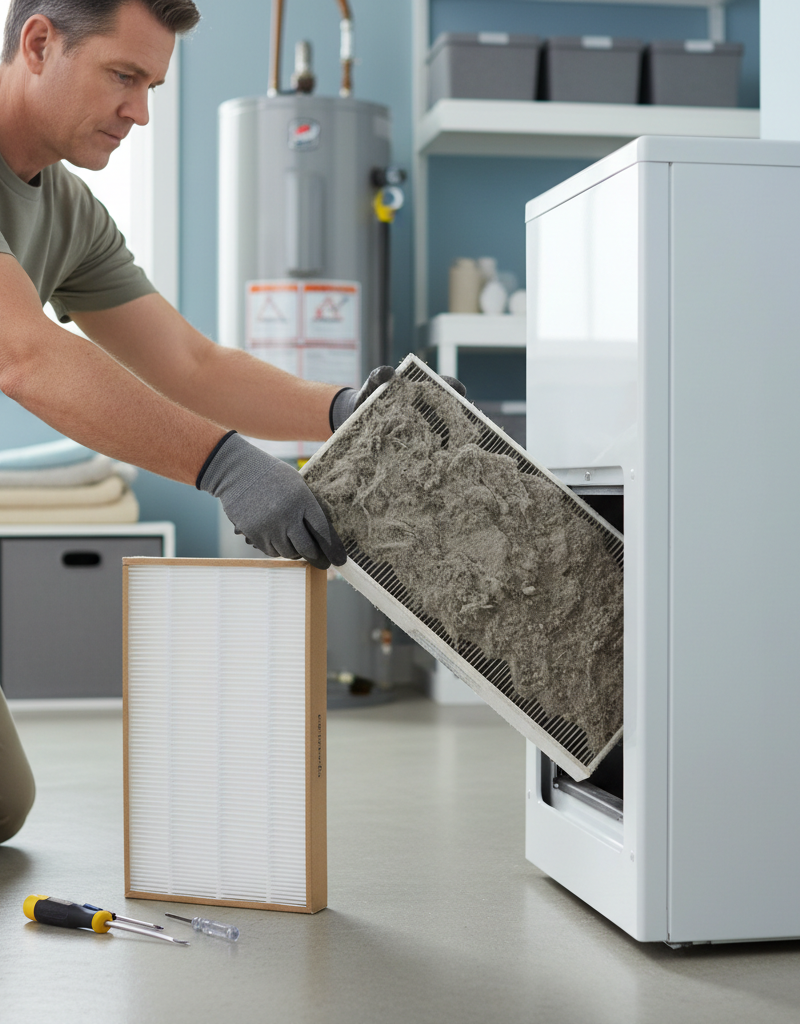 Homeowner inspecting a dirty furnace air filter, a common cause of burning smells from vents.