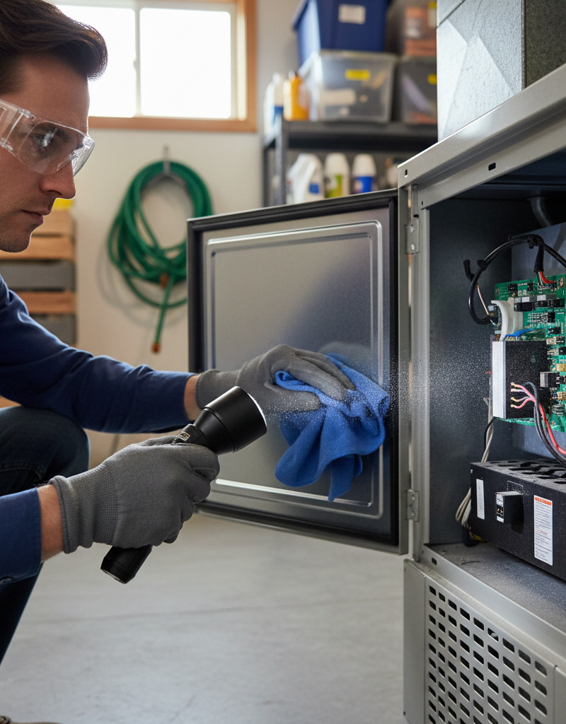 Homeowner inspecting furnace for dust causing burning smell from vents