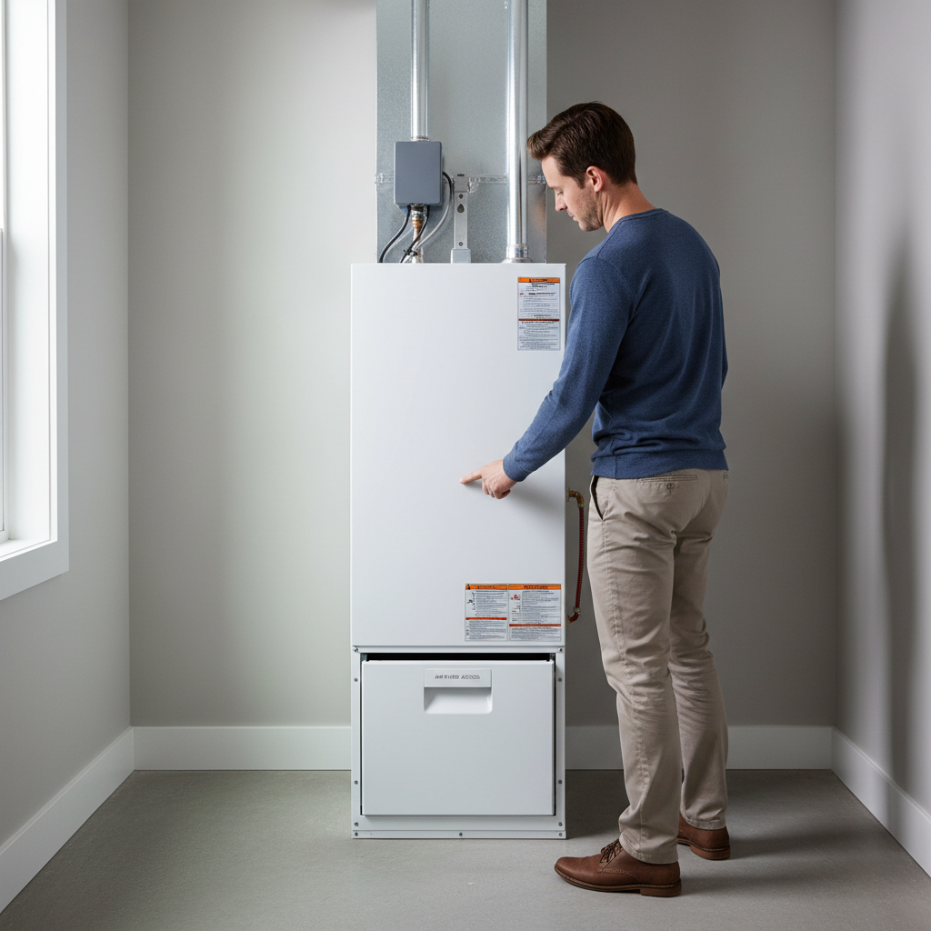 Homeowner inspecting the air filter of a modern gas furnace.