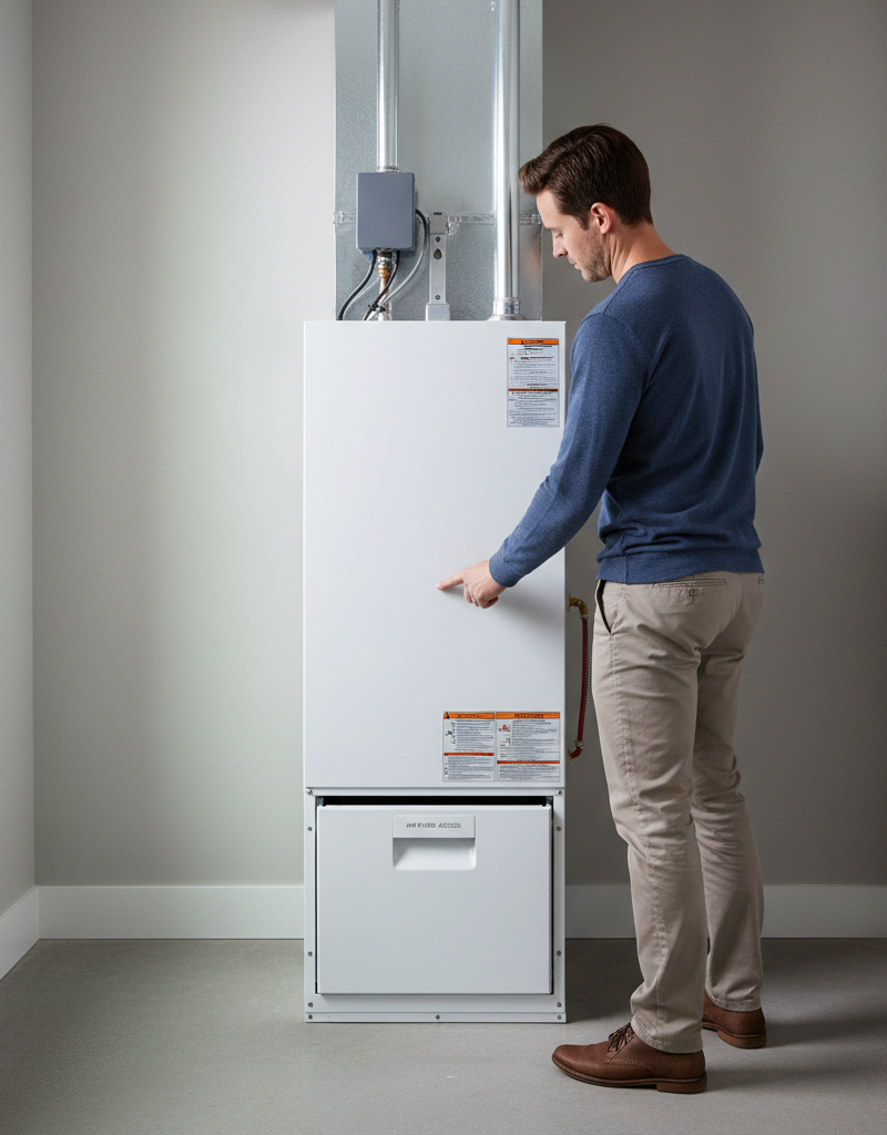Homeowner inspecting the air filter of a modern gas furnace.