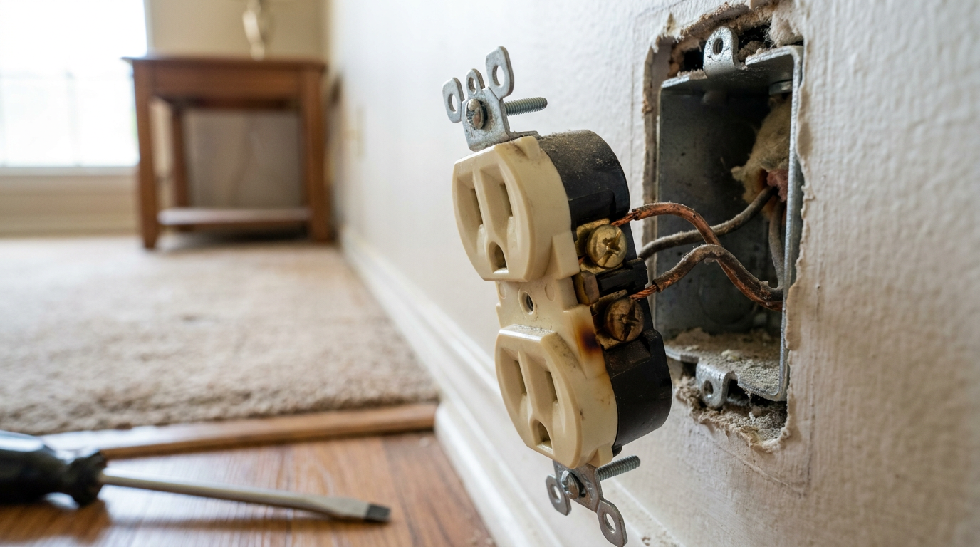 Close-up of a buzzing duplex electrical outlet showing loose terminal wiring inside an open wall box