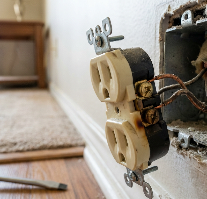 Close-up of a buzzing duplex electrical outlet showing loose terminal wiring inside an open wall box