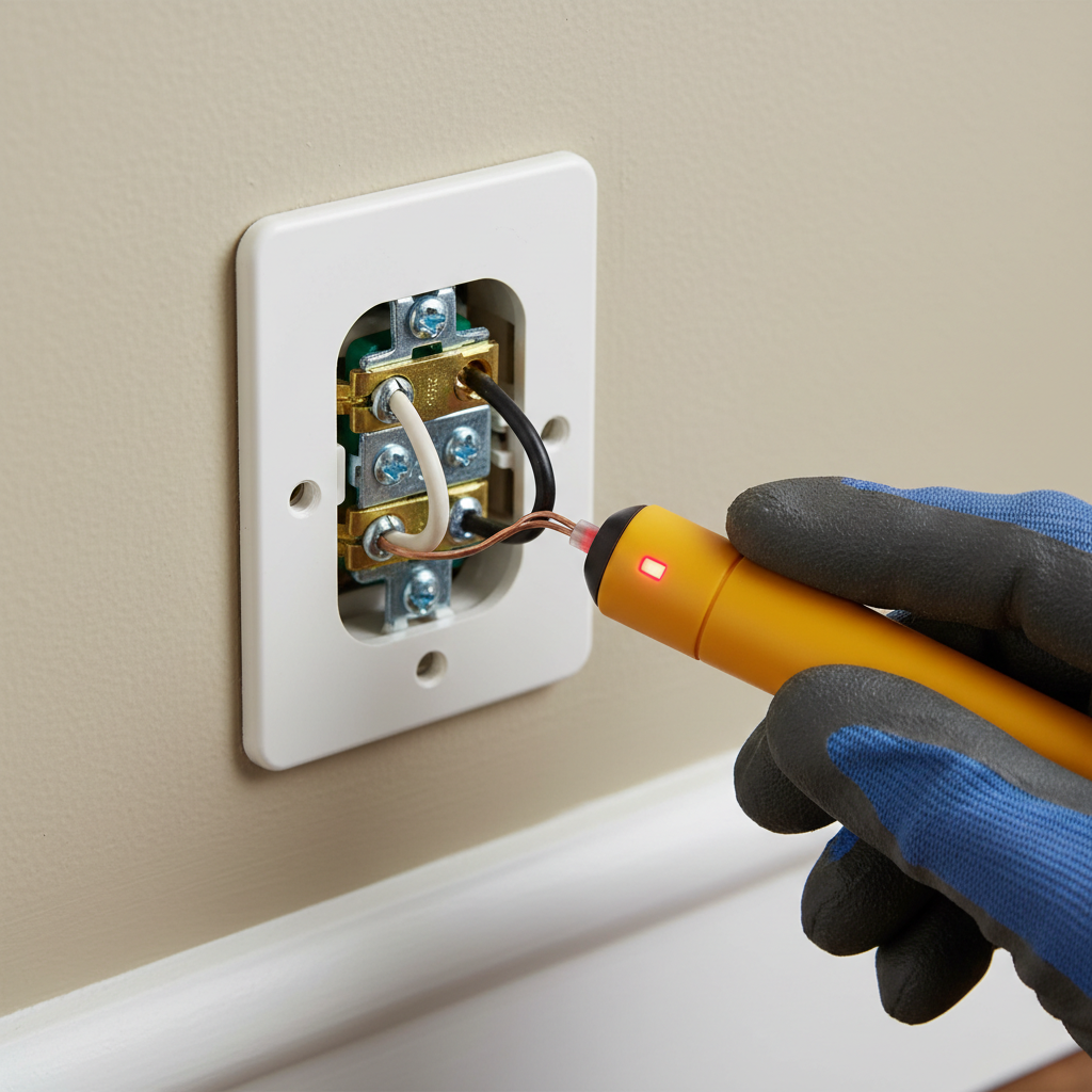 A close-up of an electrical outlet pulled from the wall, showing loose wire connections and a non-contact voltage tester.