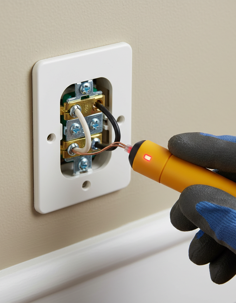 A close-up of an electrical outlet pulled from the wall, showing loose wire connections and a non-contact voltage tester.