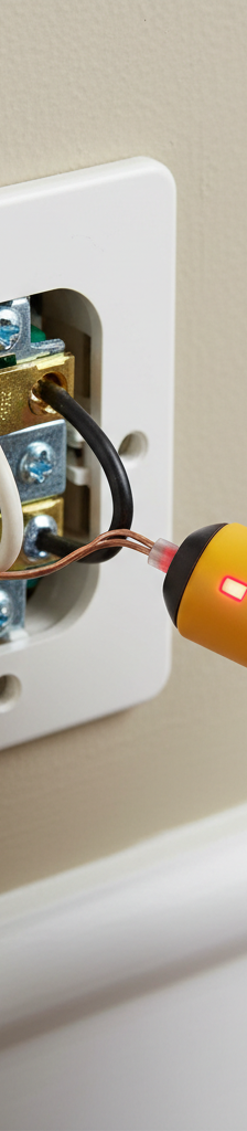 A close-up of an electrical outlet pulled from the wall, showing loose wire connections and a non-contact voltage tester.