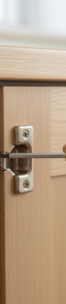 Close-up of a hand with a Phillips head screwdriver adjusting a kitchen cabinet hinge to fix a crooked door and uneven gaps.