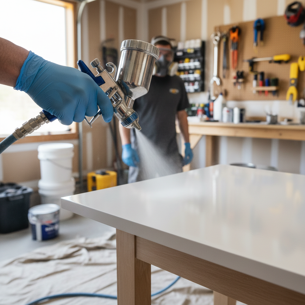 Homeowner using an HVLP paint sprayer to achieve a factory-smooth finish on a kitchen cabinet door.