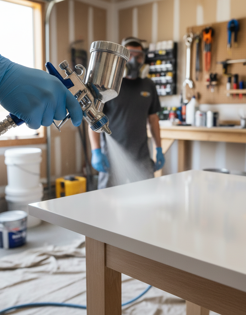 Homeowner using an HVLP paint sprayer to achieve a factory-smooth finish on a kitchen cabinet door.