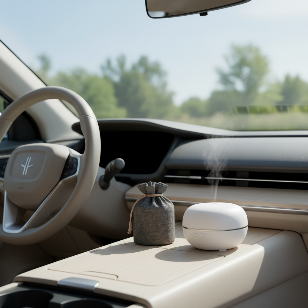 Natural car air fresheners like a bamboo charcoal bag and an essential oil diffuser in a clean car interior.