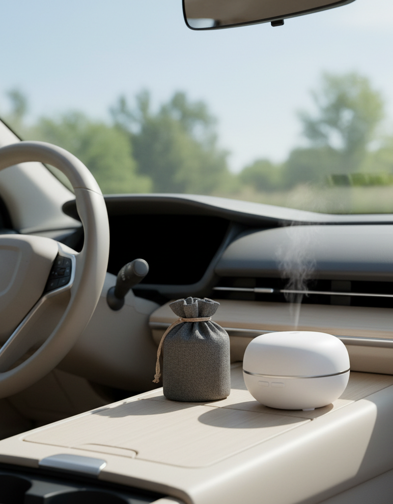 Natural car air fresheners like a bamboo charcoal bag and an essential oil diffuser in a clean car interior.