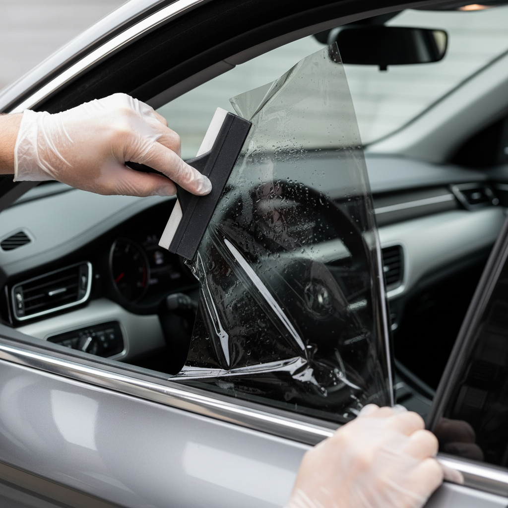 Homeowner carefully squeegeeing car window tint film to remove bubbles during DIY application.