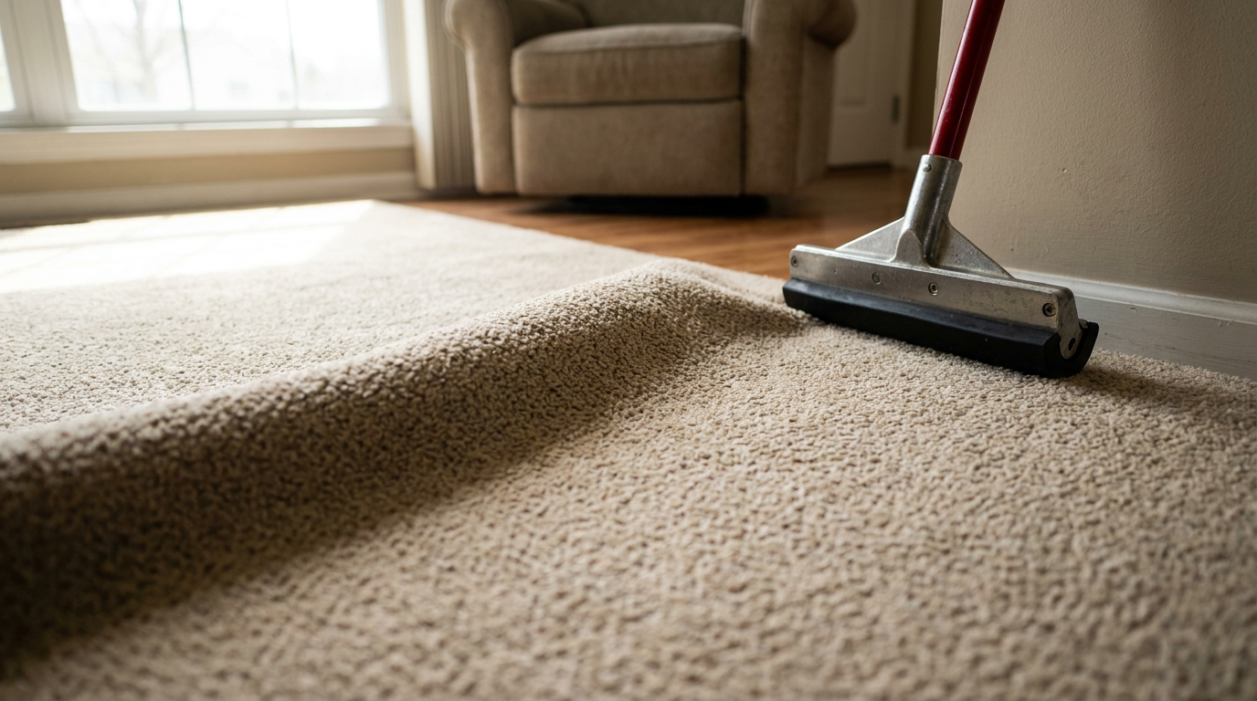A large ripple buckled up in the middle of a beige living room carpet, creating a trip hazard.