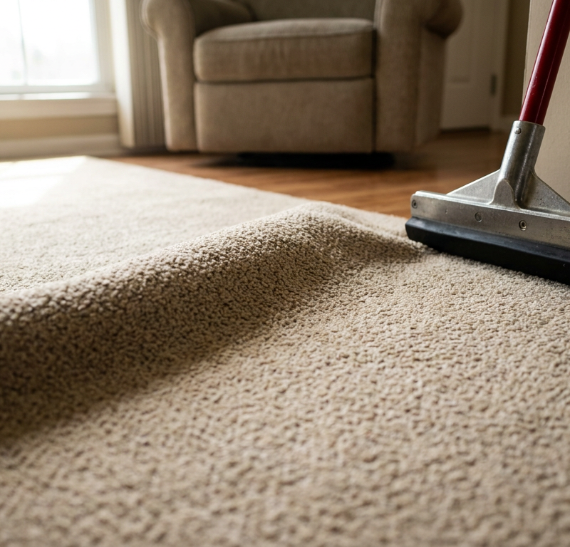 A large ripple buckled up in the middle of a beige living room carpet, creating a trip hazard.