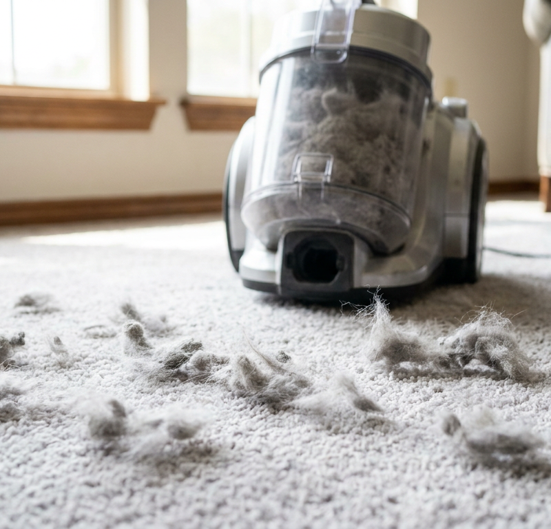 Close-up of a new gray carpet covered in fuzzy fibers from shedding, with a full vacuum canister nearby.