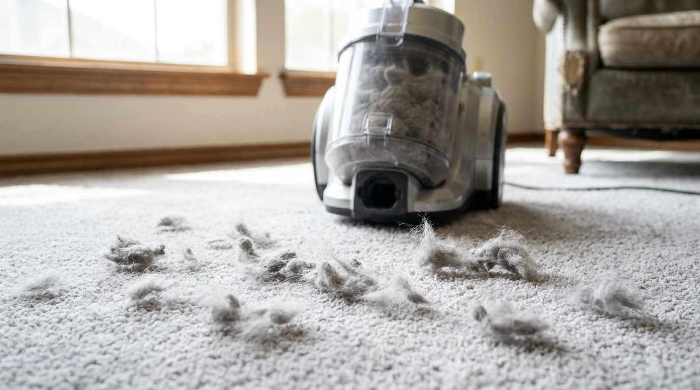 Close-up of a new gray carpet covered in fuzzy fibers from shedding, with a full vacuum canister nearby.