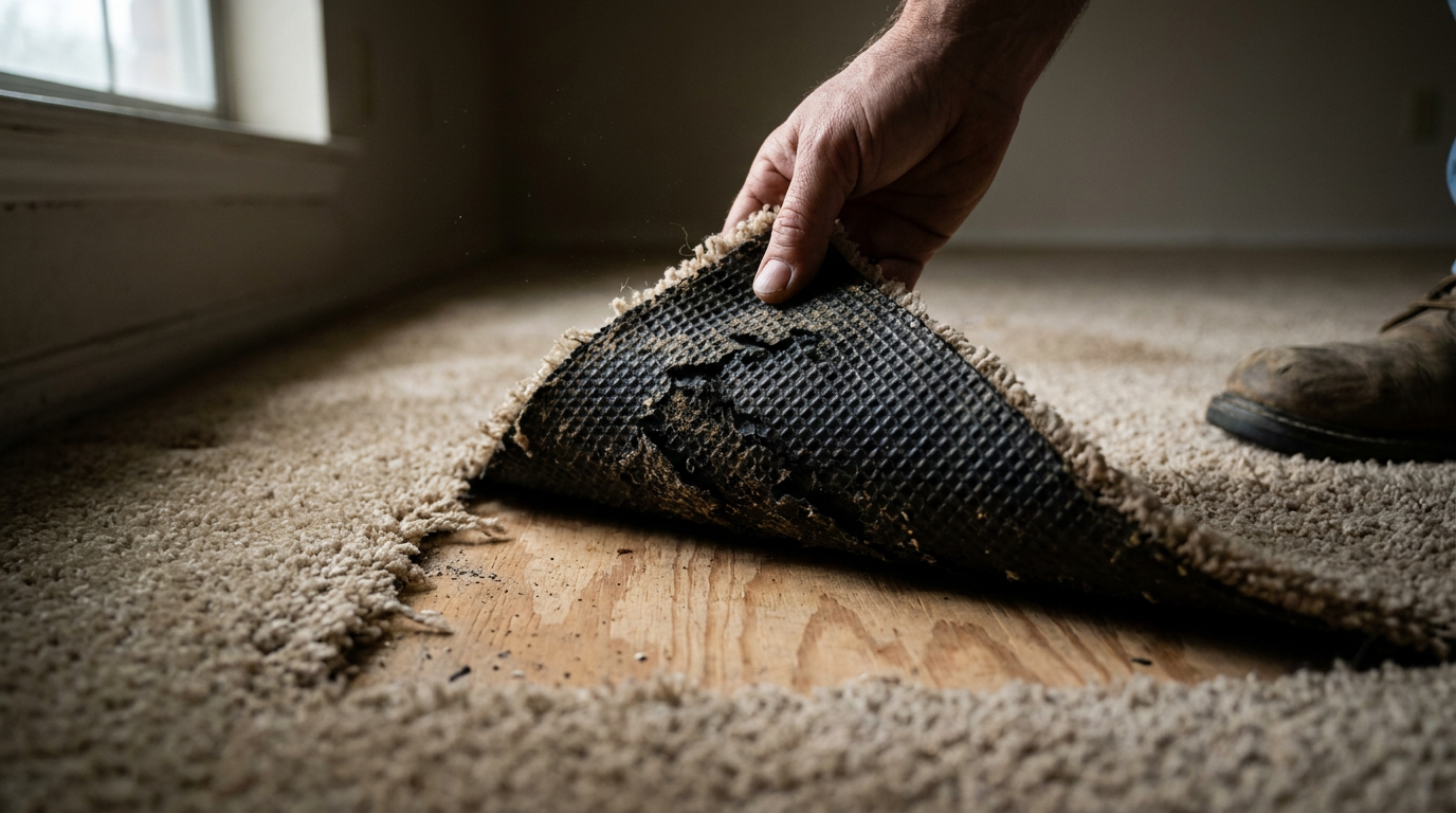 A hand lifting the corner of an old carpet to reveal the black latex backing, the source of a corn chip smell.