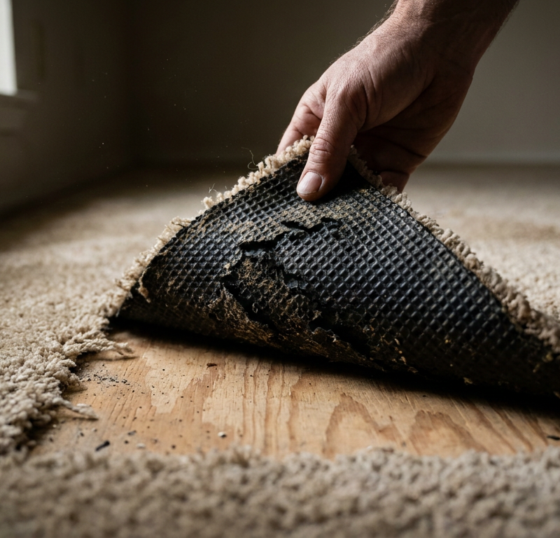 A hand lifting the corner of an old carpet to reveal the black latex backing, the source of a corn chip smell.