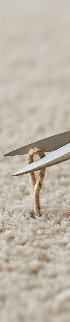 Close-up of sharp scissors trimming a carpet sprout flush with the pile