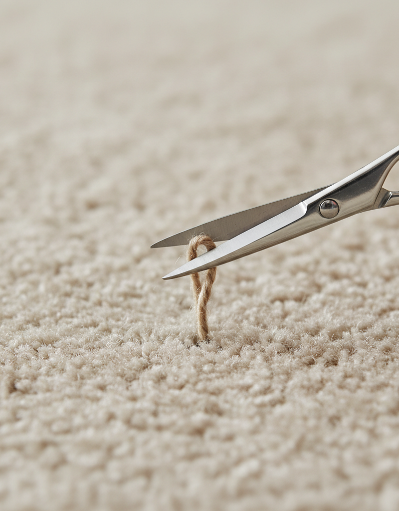 Close-up of sharp scissors trimming a carpet sprout flush with the pile