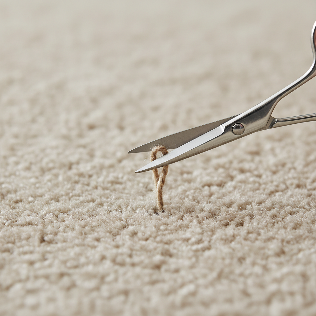 Close-up of sharp scissors trimming a carpet sprout flush with the pile