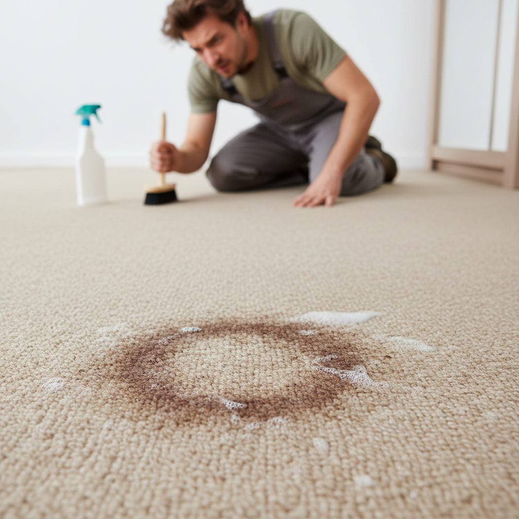Close-up of a dark stain reappearing on a light-colored carpet, illustrating the wicking effect