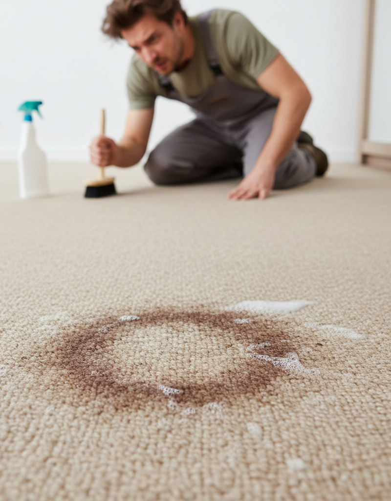 Close-up of a dark stain reappearing on a light-colored carpet, illustrating the wicking effect