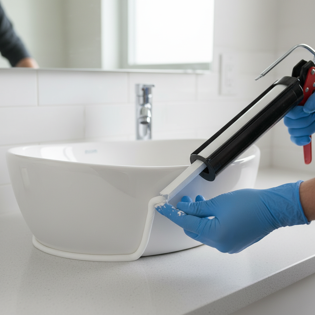 Person applying a smooth, white caulk bead around a bathroom sink with a caulk gun.