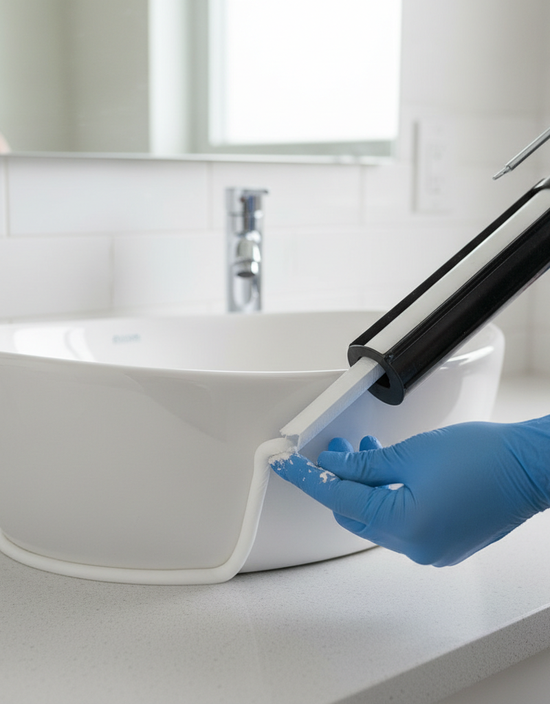 Person applying a smooth, white caulk bead around a bathroom sink with a caulk gun.