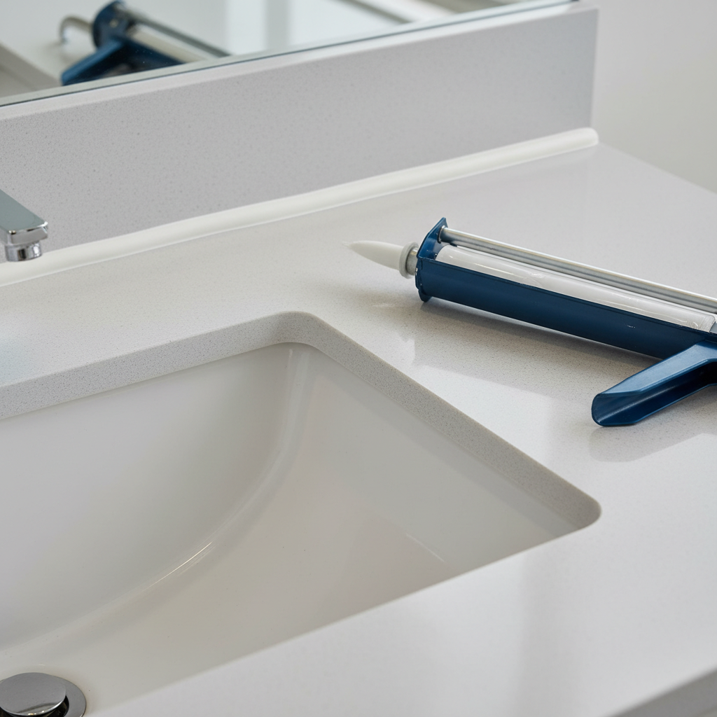 Perfectly caulked bathroom sink with a neat, white silicone bead