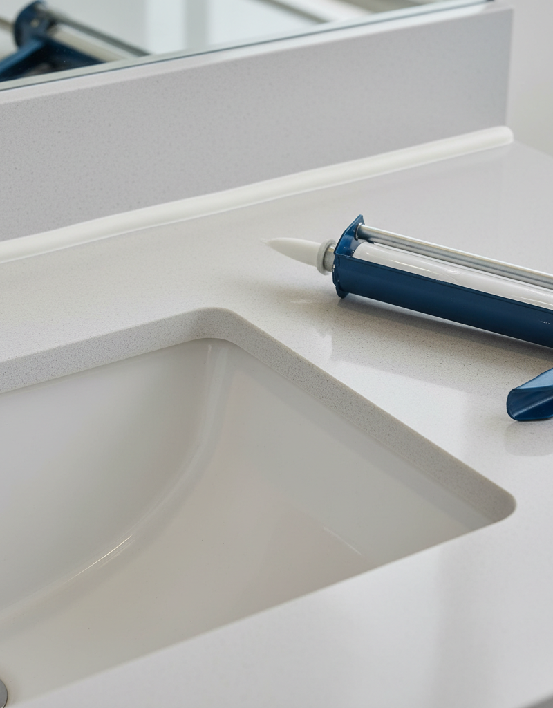 Perfectly caulked bathroom sink with a neat, white silicone bead