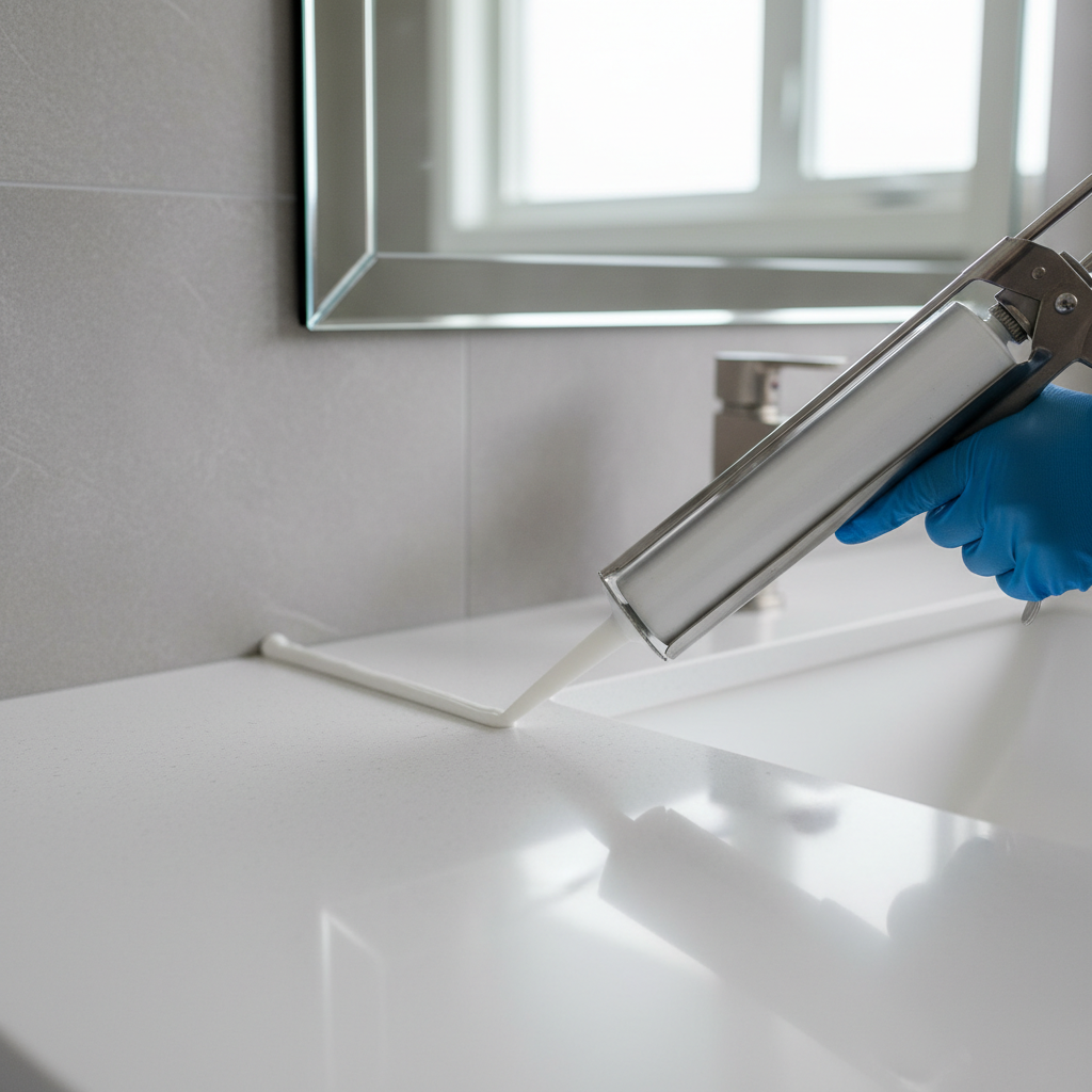 Homeowner applying a bead of 100% silicone caulk around a clean bathroom sink edge
