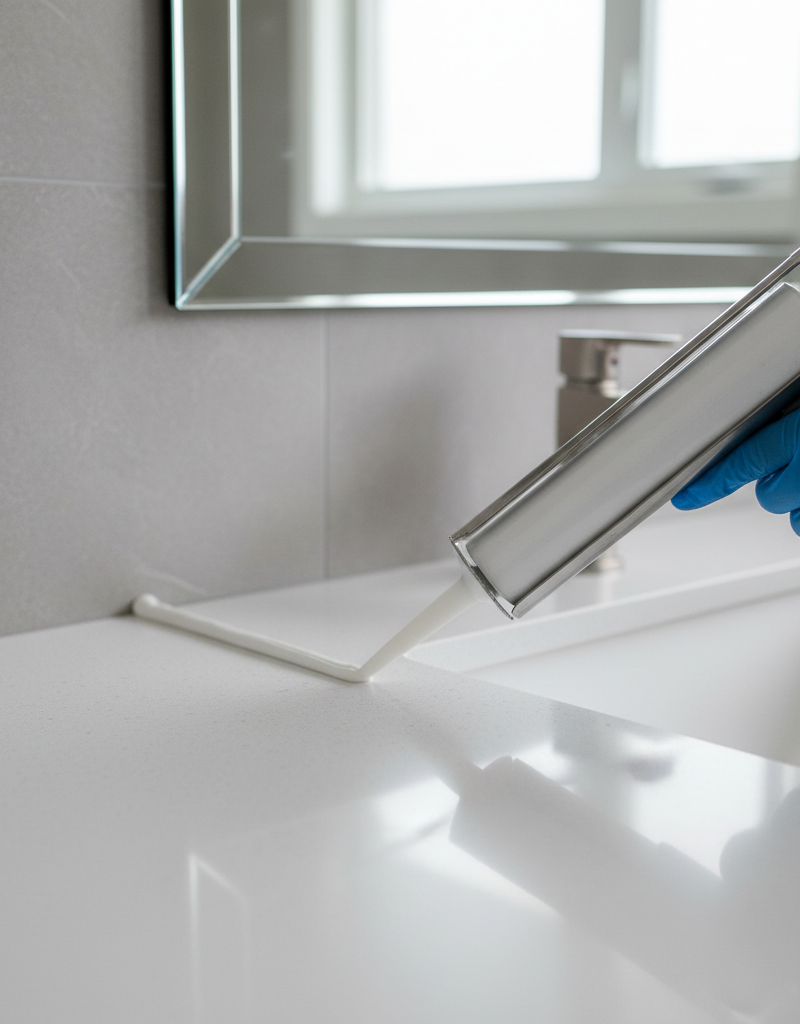 Homeowner applying a bead of 100% silicone caulk around a clean bathroom sink edge