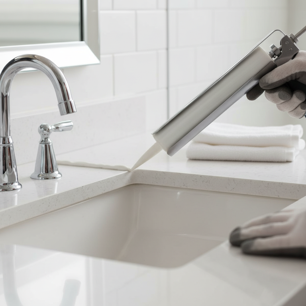 A hand applying a fresh bead of white silicone caulk around a clean bathroom sink, illustrating proper sealing technique.