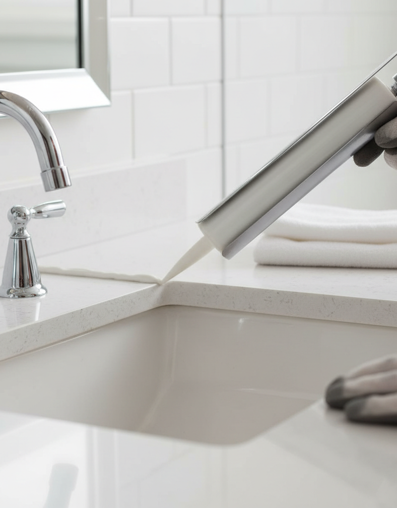A hand applying a fresh bead of white silicone caulk around a clean bathroom sink, illustrating proper sealing technique.