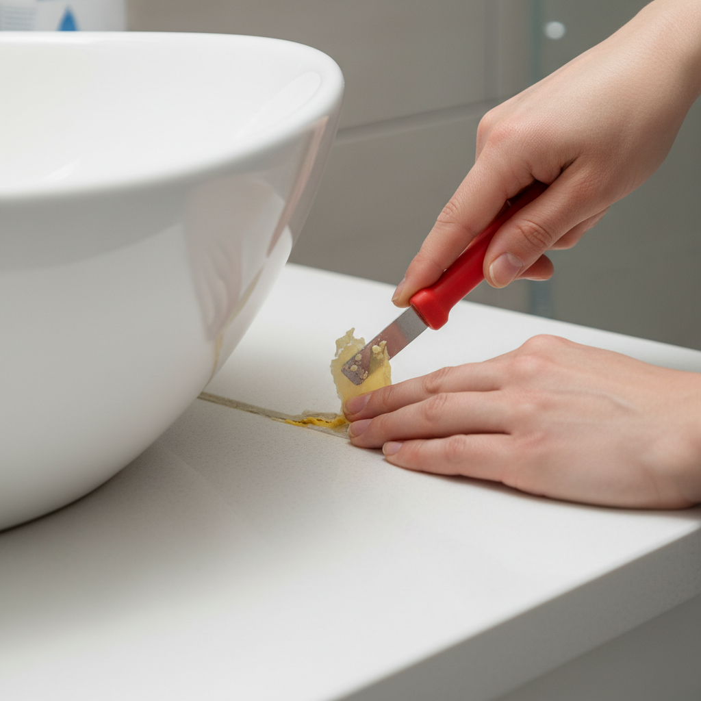Hands carefully removing old caulk from around a bathroom sink with a yellow caulk removal tool.