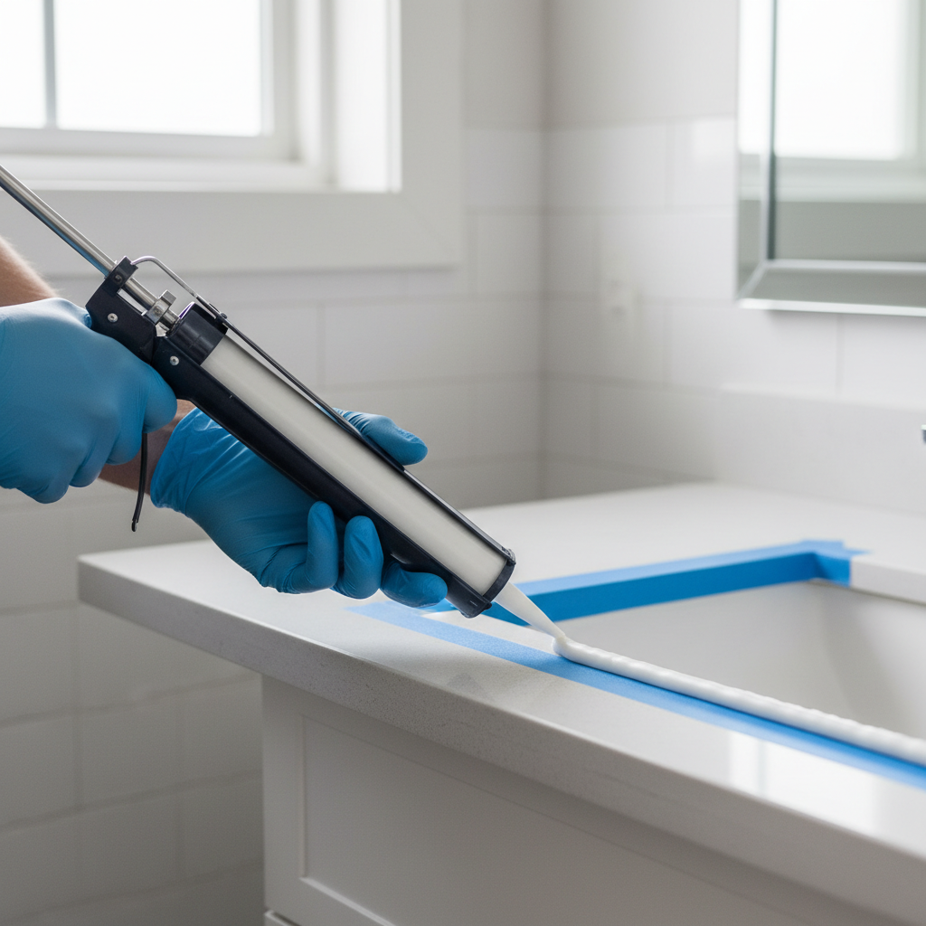 Hands applying a smooth bead of silicone caulk around a newly cleaned bathroom sink and countertop joint.