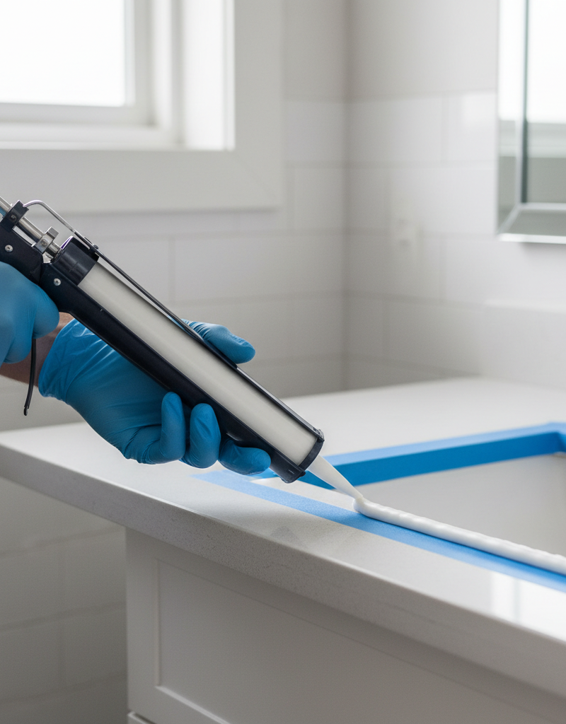 Hands applying a smooth bead of silicone caulk around a newly cleaned bathroom sink and countertop joint.