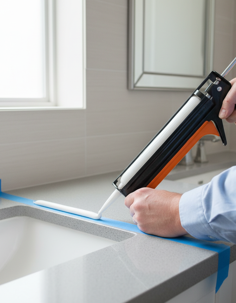 Hands applying fresh white silicone caulk around a bathroom sink with blue painter's tape, showing a clean sealant job.