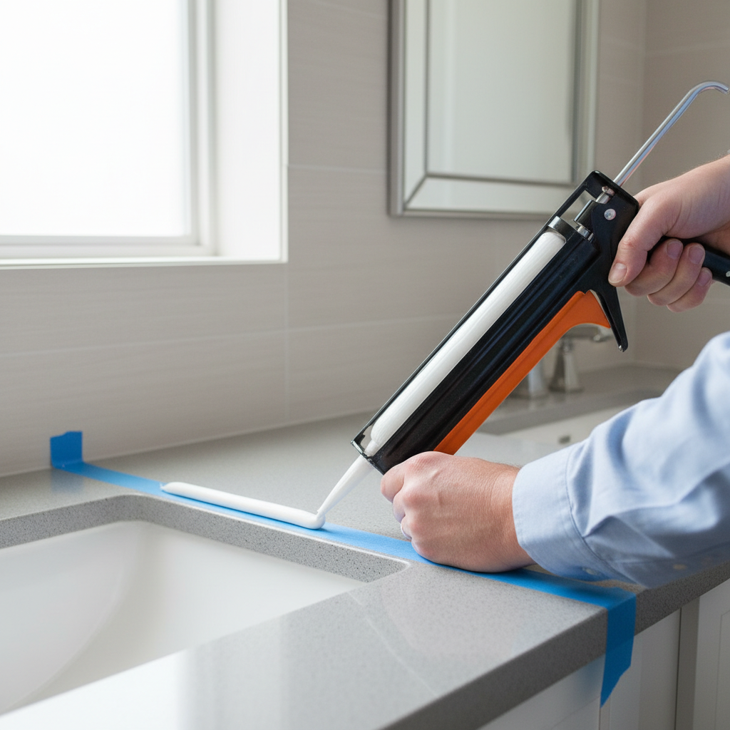 Hands applying fresh white silicone caulk around a bathroom sink with blue painter's tape, showing a clean sealant job.