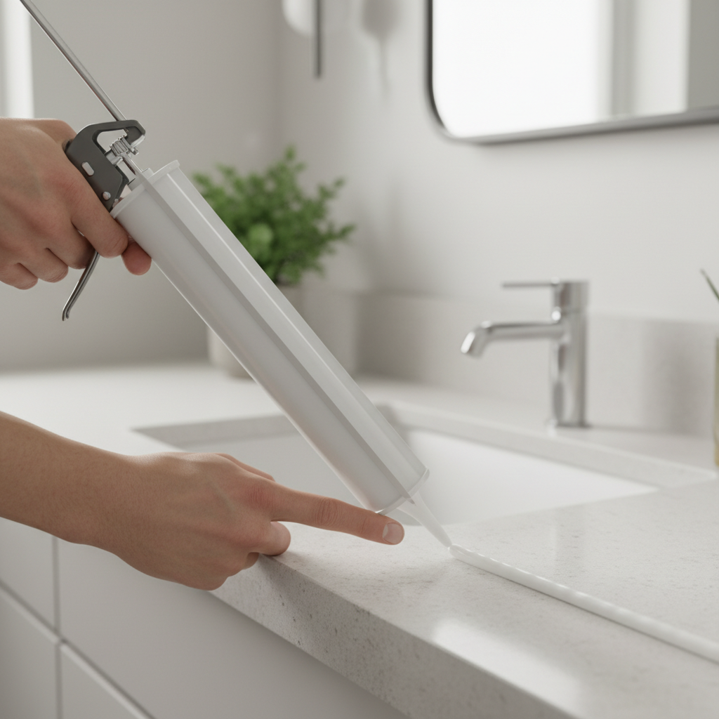 Homeowner applying a smooth bead of silicone caulk around a bathroom sink